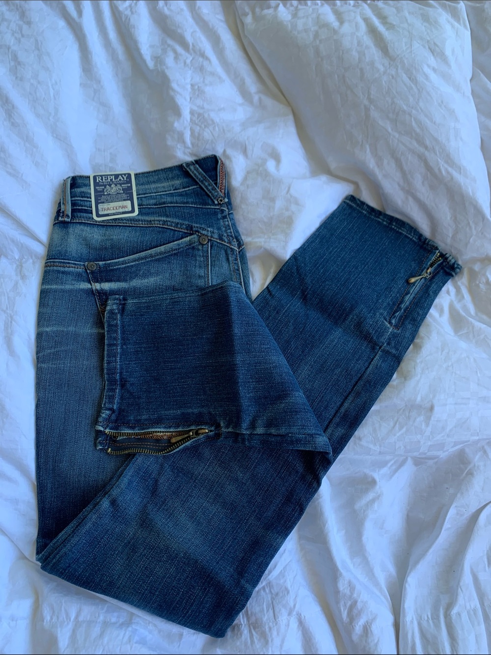 Replay Women Dark Blue Slim Straight Jeans with Zip Accents